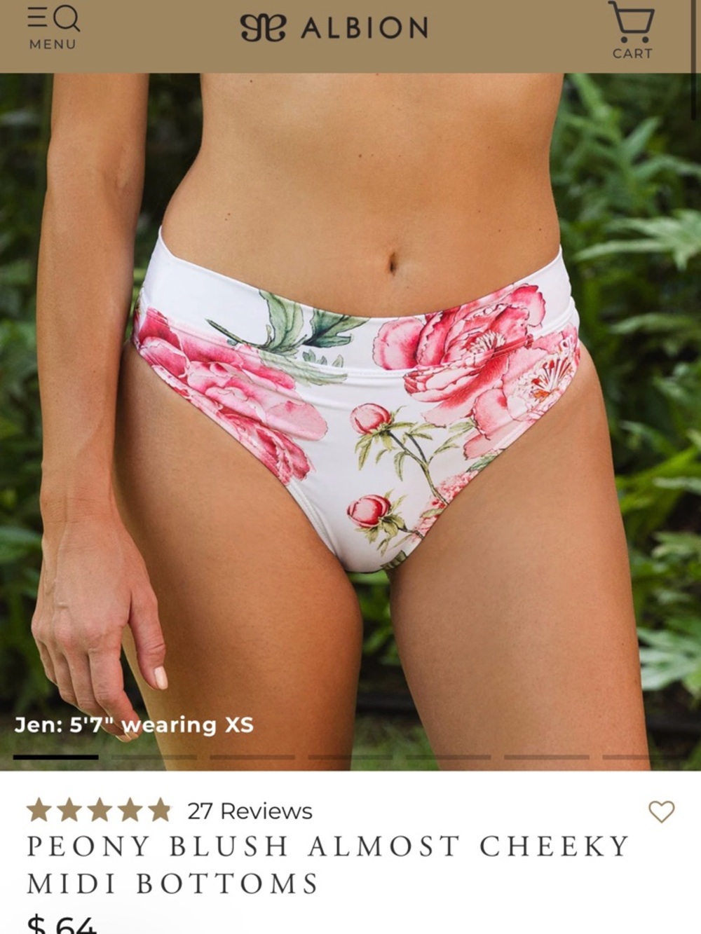 Albion Almost Cheeky Bikini Bottoms, Peony Blush, Size Medium